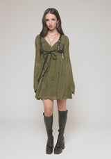 Lunafern Flocked Fern Flute Sleeve Mini Dress - Green
