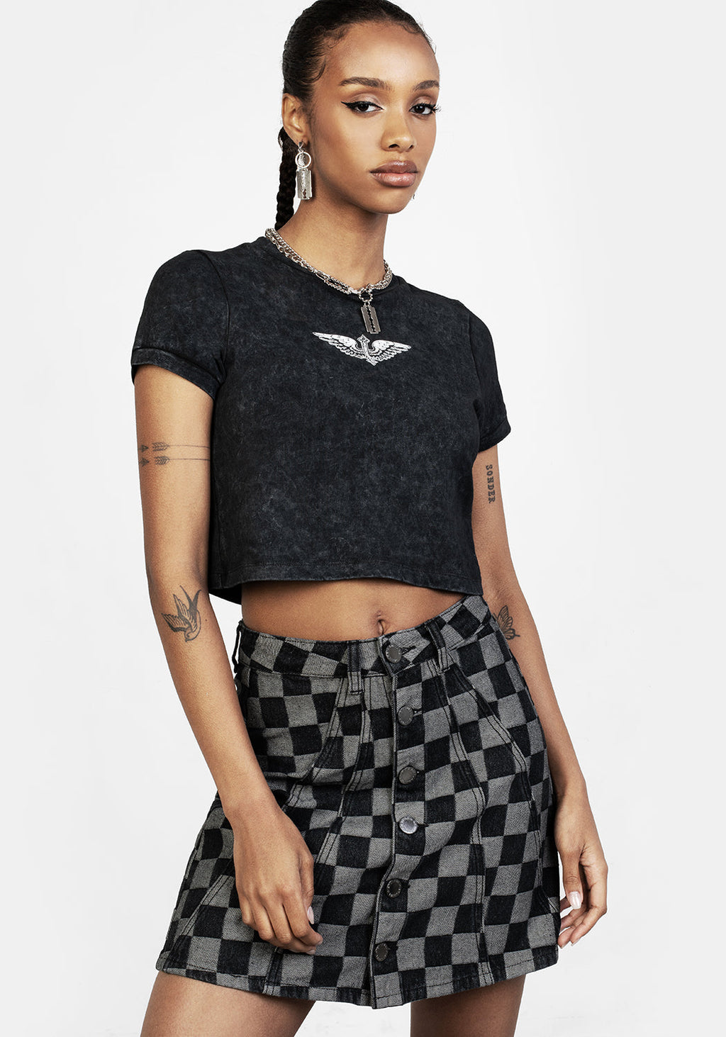 Checkered Denim Mini Skirt