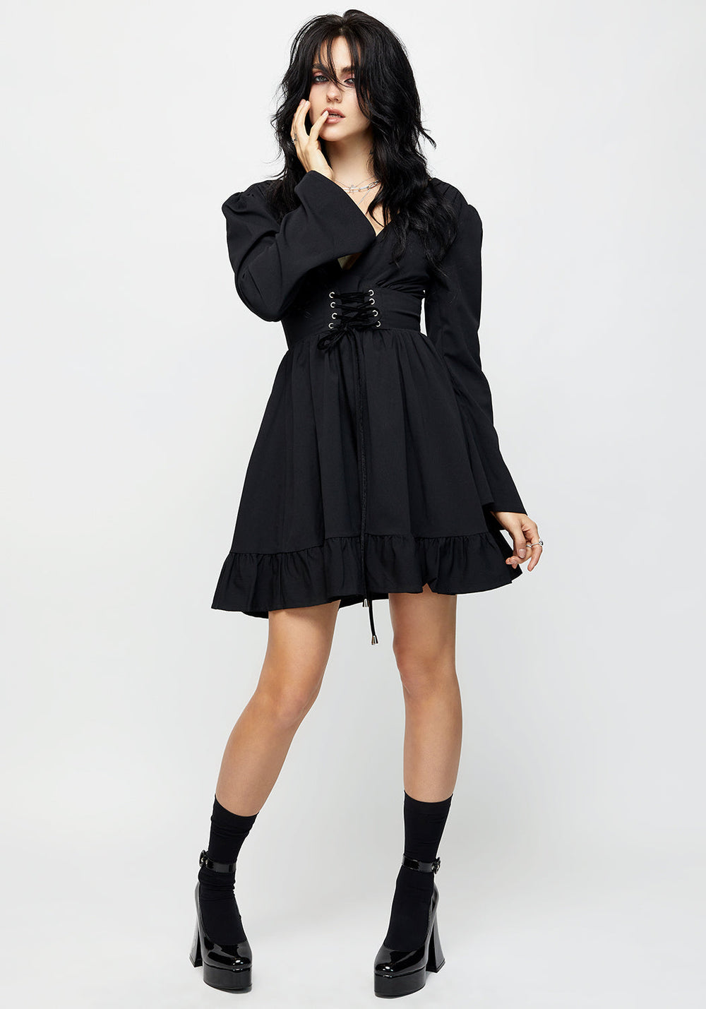 knee length dresses for ladies Airabella Long Sleeve Lace Mini Dress | Black | Womens main image 1