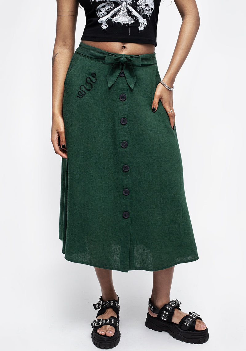 Basilisk Green Linen Blend Button Up Midi Skirt