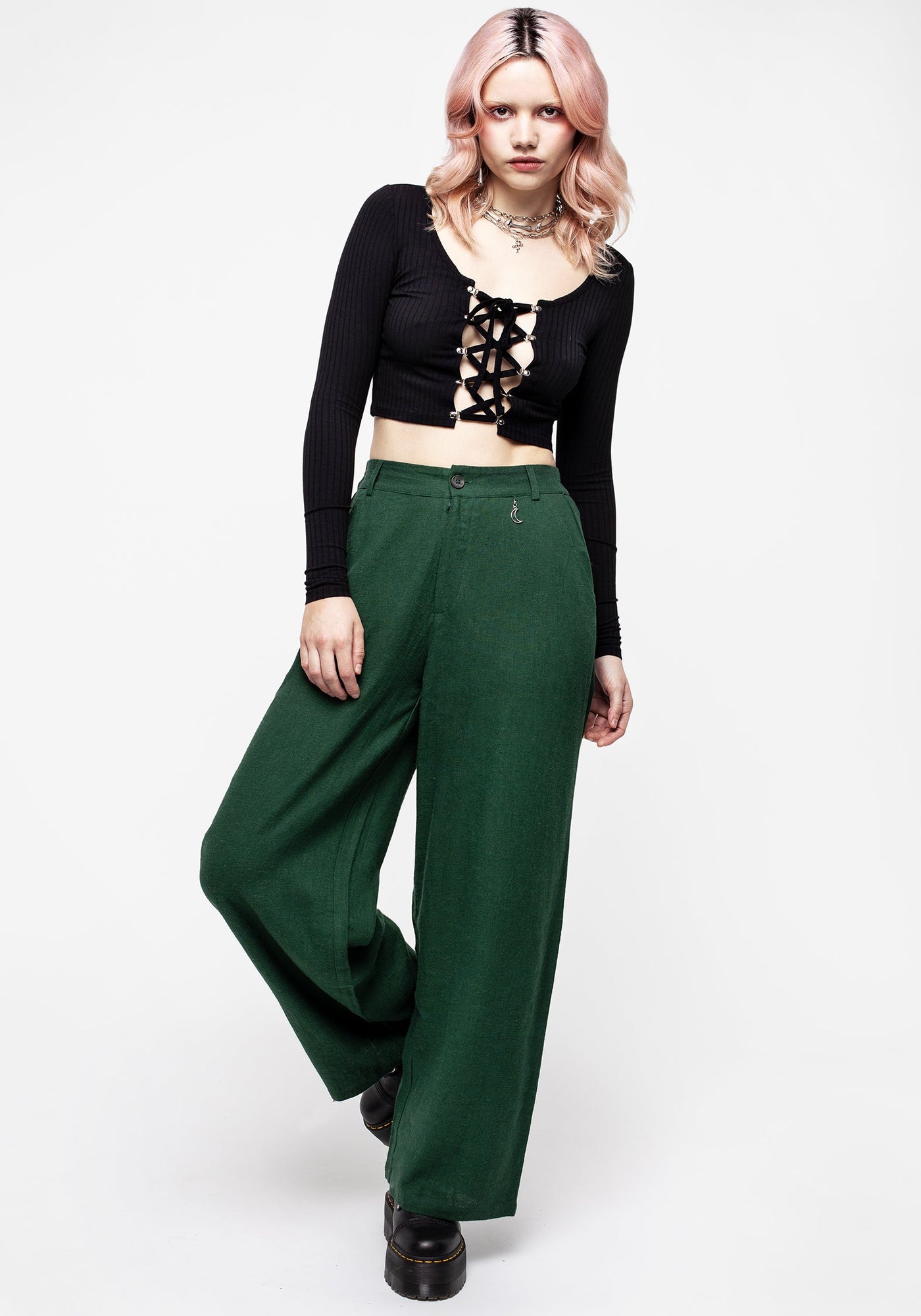 Oberon Green Wide Leg Linen Blend Trousers | Disturbia