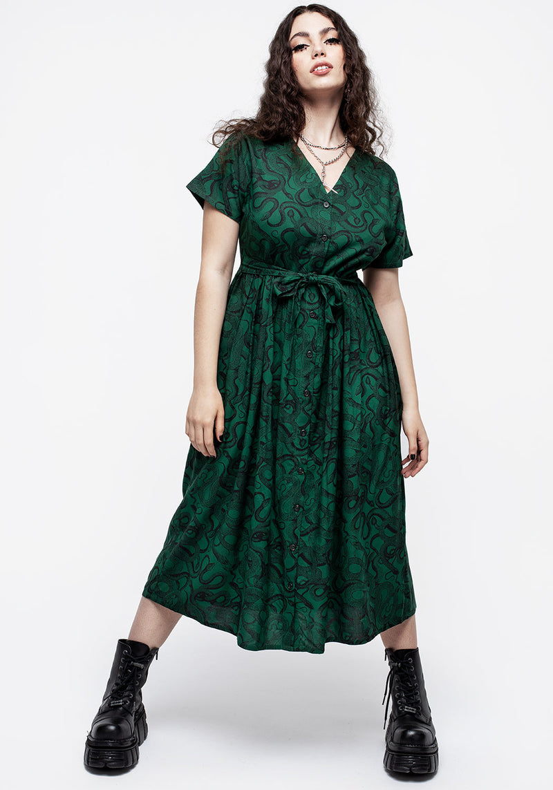 Ophidia Snake Print Button Up Midi Dress Green - Main Image