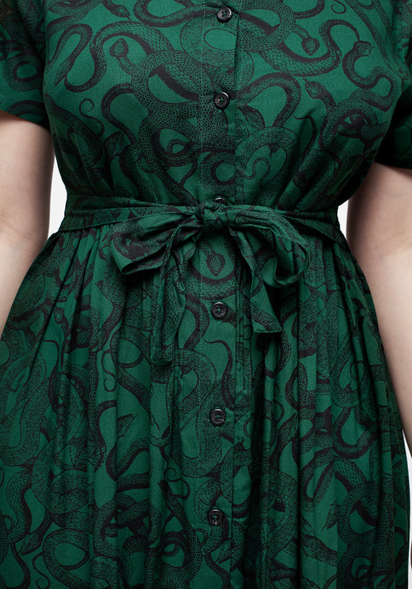 Ophidia Snake Print Button Up Midi Dress - Green