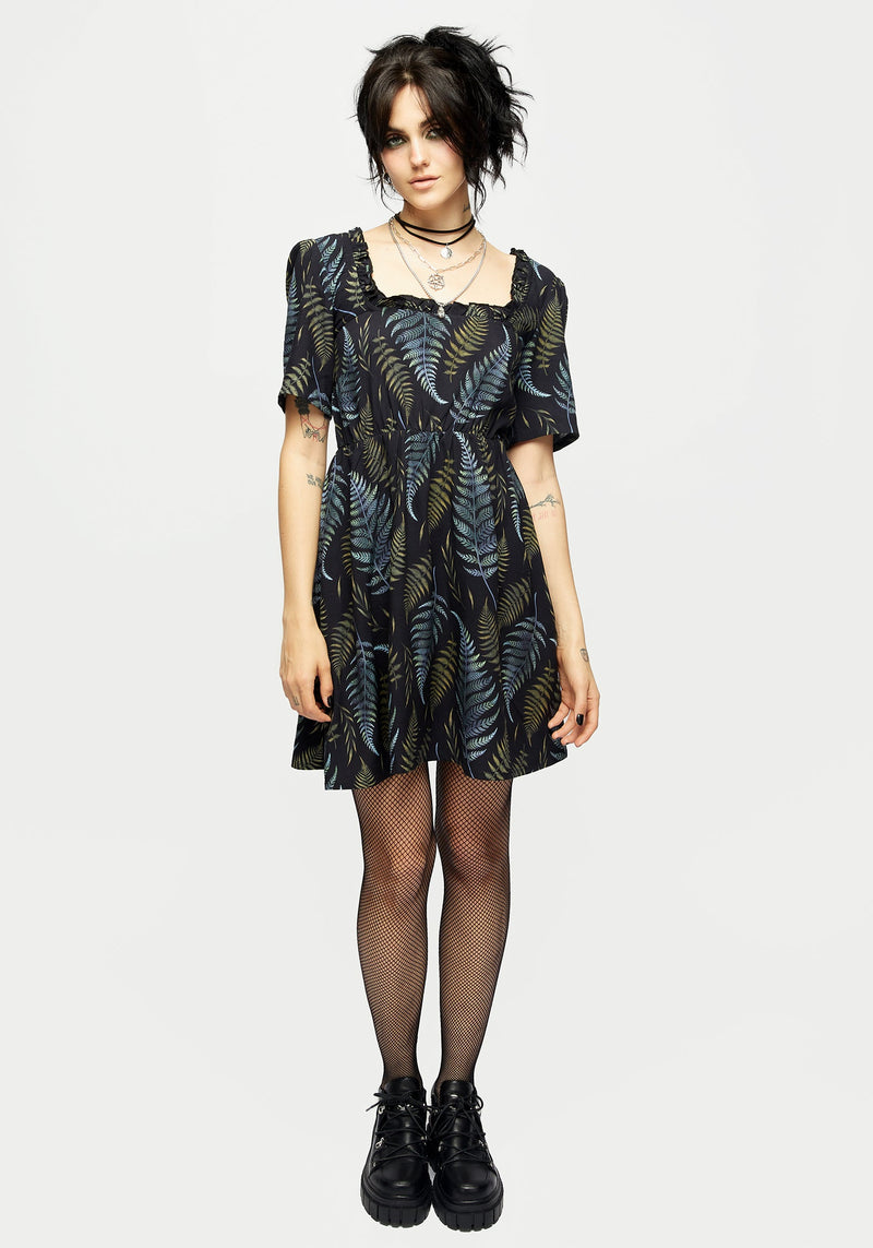 Frond Print Ruffle Shirred Mini Dress