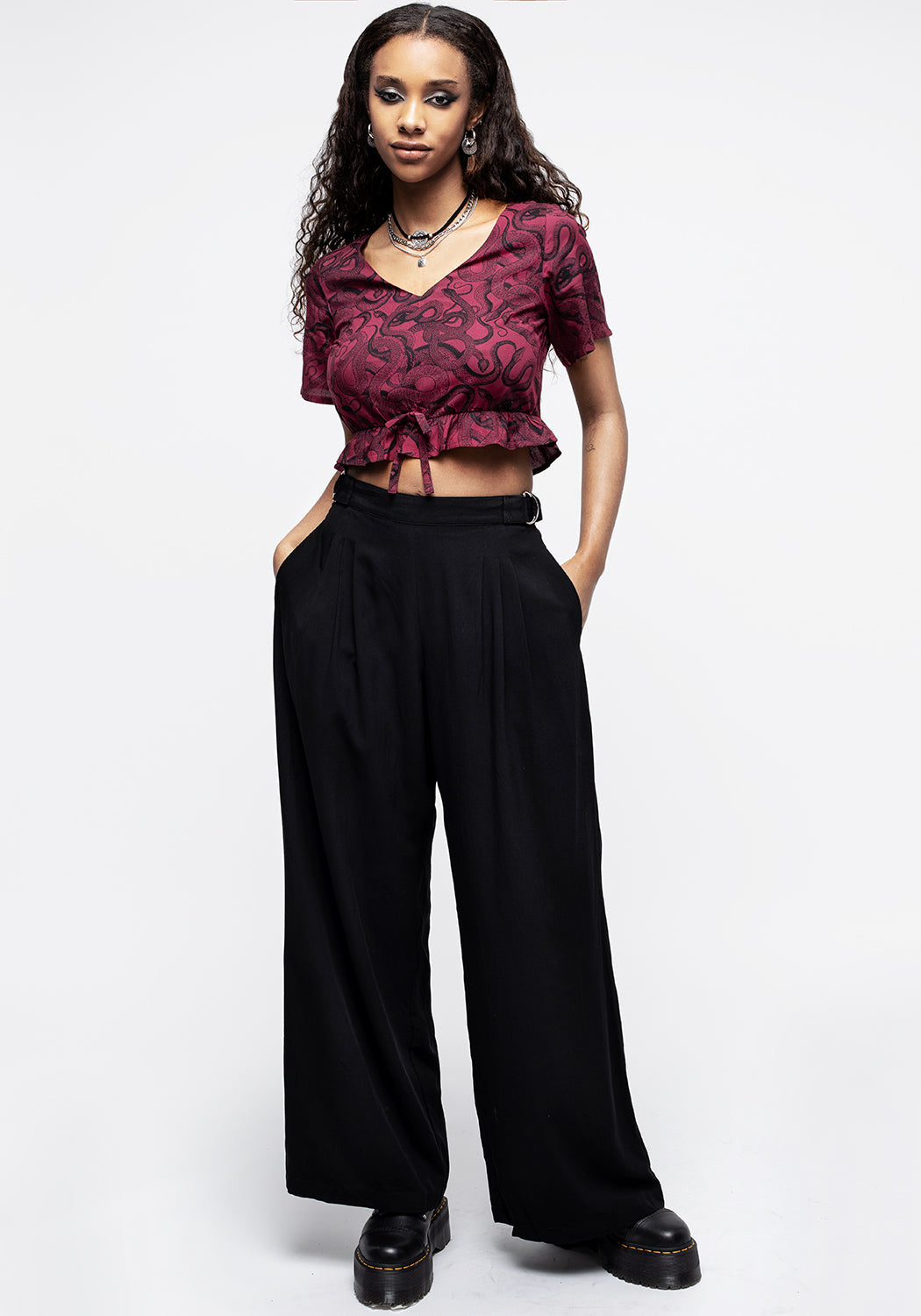 Ophidia Snakes Print Tie Detail Crop Top - Red