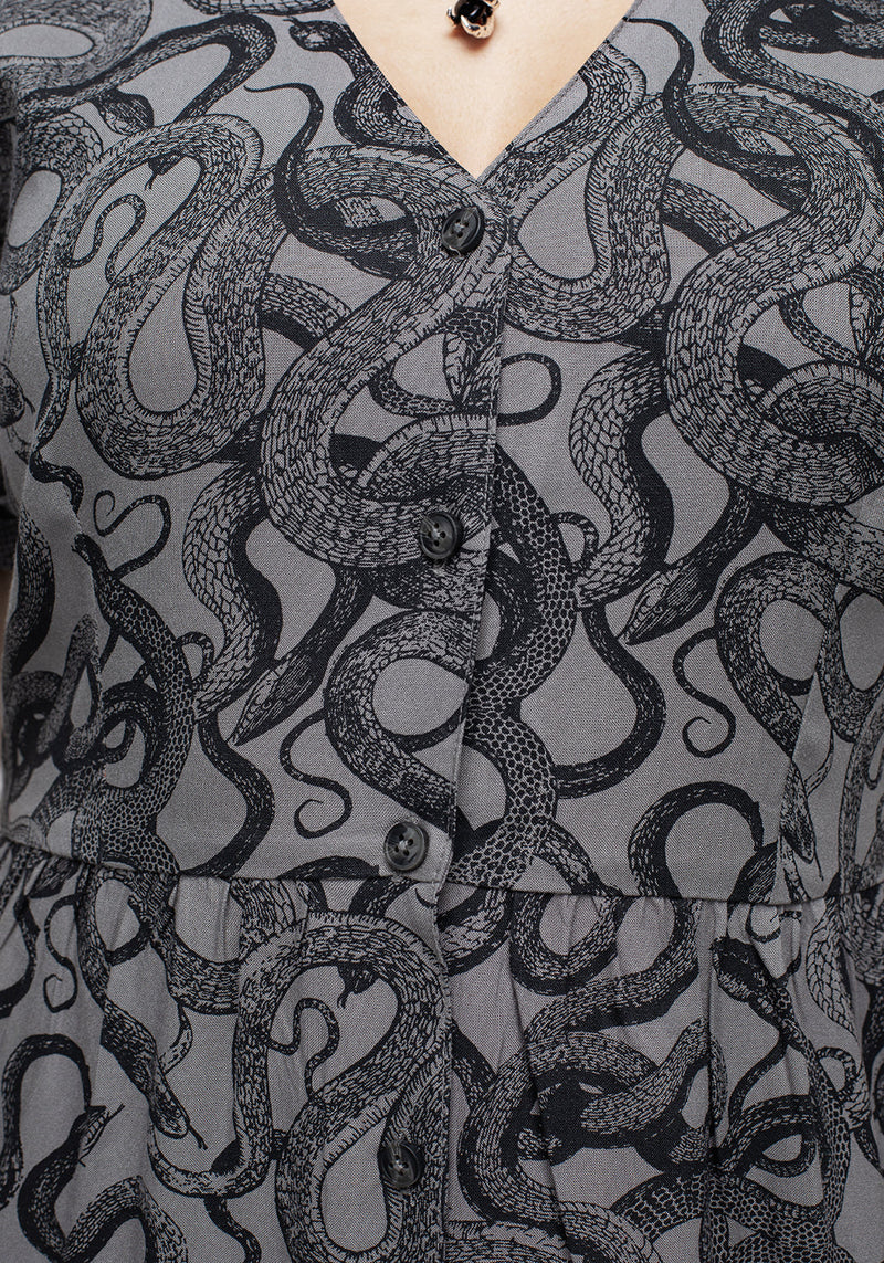 Ophidia Snakes Print Button Down Midi Dress - Grey