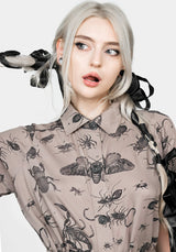 Parasite Bugs Print Midi Short Sleeve Shirt Dress - Taupe