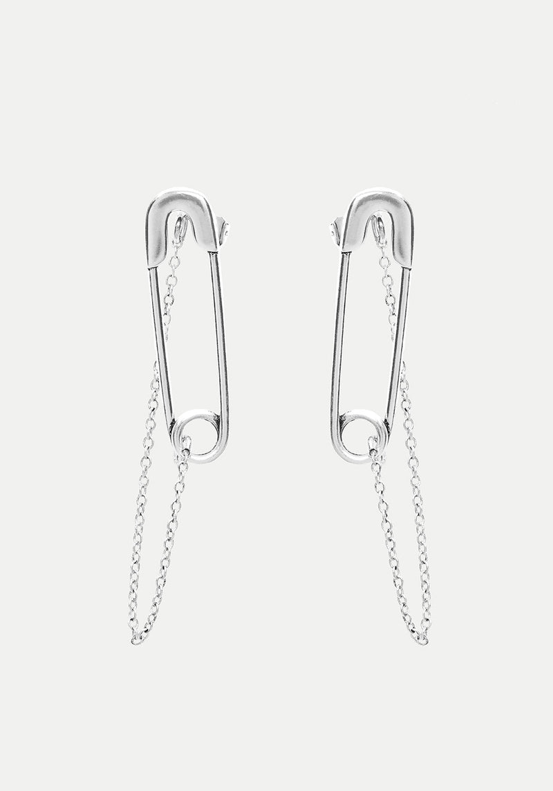 Vicious Silver Plated Safety Pin Stud Earrings With Chain