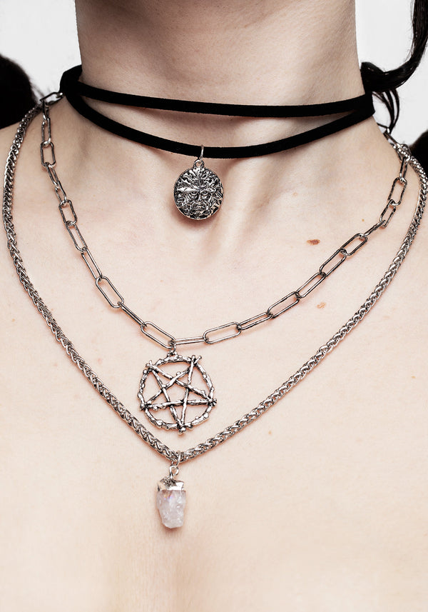 Triune 3 Layered Necklace Pentagram and Crystal